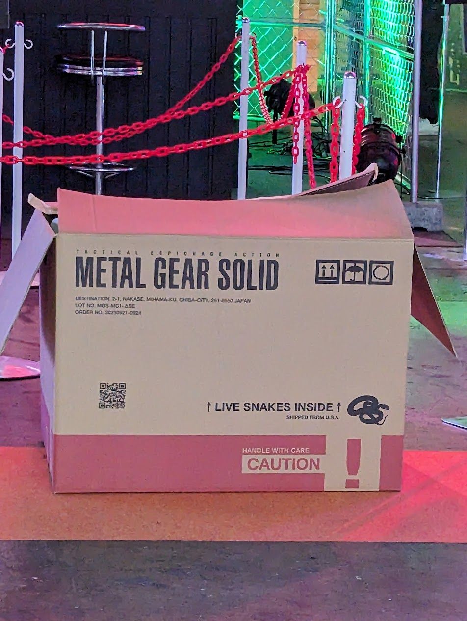 A cardboard box that says "Metal Gear Solid" on it, and "Live Snakes Inside". 